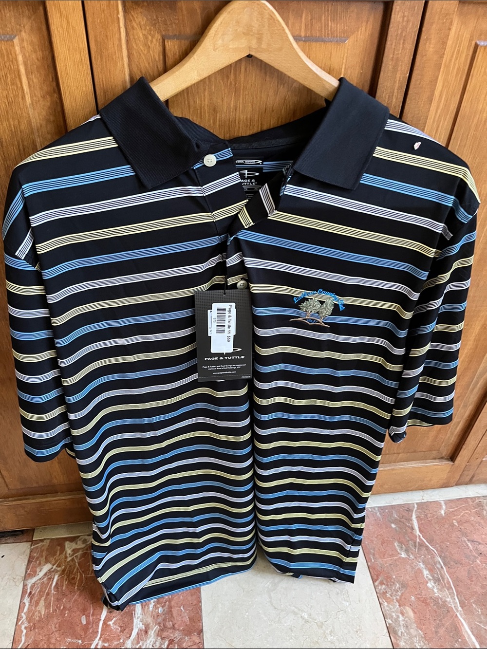 Page & Tuttle Men’s Black Polo with Blue & Yellow Stripes